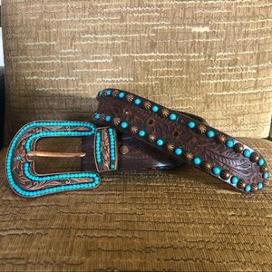 Brown and Turquoise Leather Western Belt